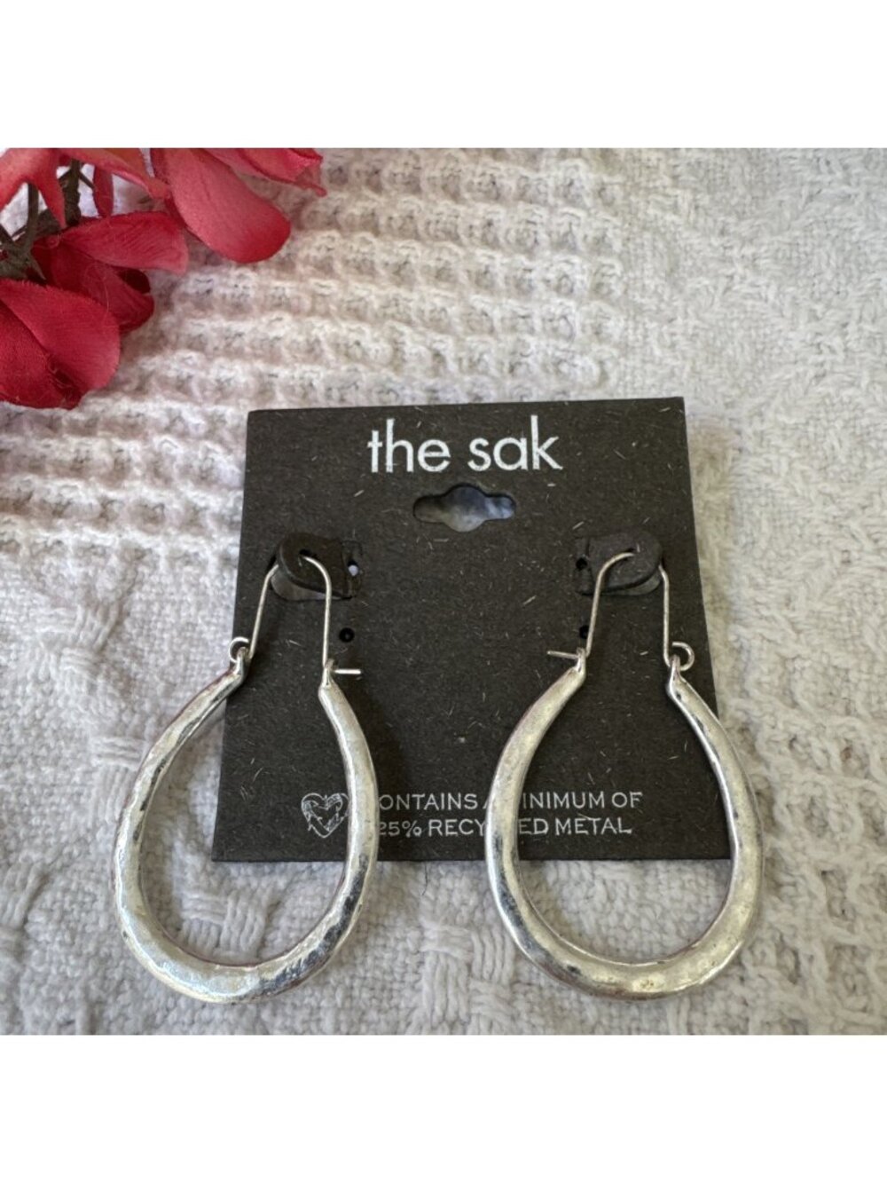 THE SAK Hammered Silver Tone Oval Hoop Drop Earrings 2" NEW NWT